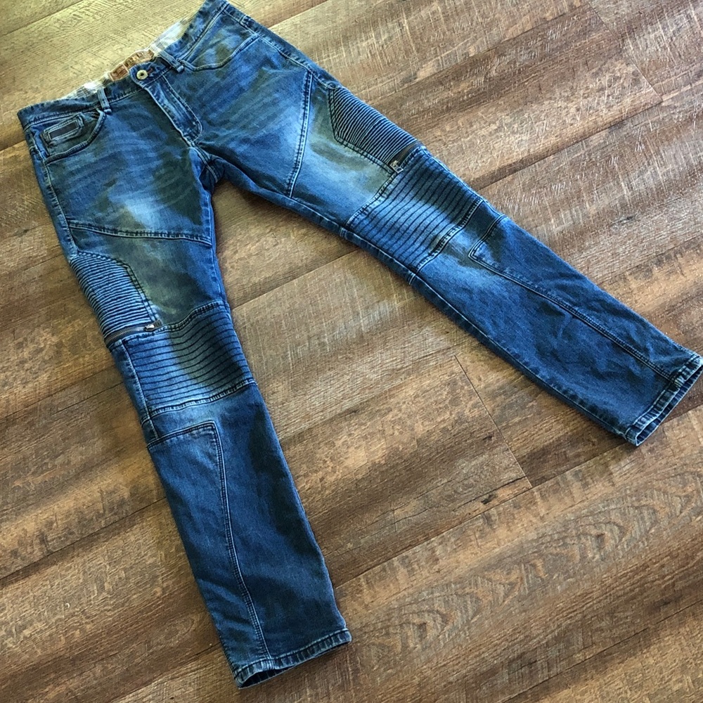 32” Xios Denim Jeans Ribbed Textured Zipper Pockets Slim Leg Repaired Waistband